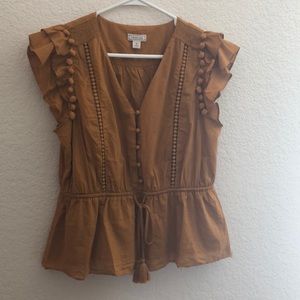 JCrew Point Sur Flutter sleeve Pom Pom top